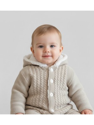 Içi Welsoft Kürklü, Kapüşonlu, Örgü Desenli Triko Bebek Hırkası