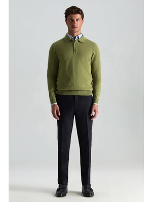 Polo Yaka Saf Kaşmir Yeşil Kazak
