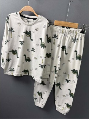 Erkek Çocuk Üzeri Palmiye Ağacı ve Dinazor Baskılı Krem Pijama Takımı