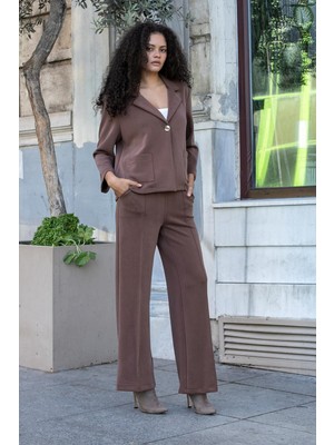 Kadın Ipeksi Esnek Kalın Modal Kumaş Yüksek Bel Önden Dikişli Cepli Bol Paça Palazzo Pantolon-Kahve