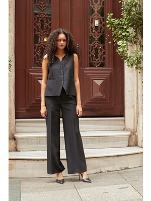 Kadın Hafif Esnek Kumaş Yüksek Bel Yan Cepli Bol Paça Palazzo Pantolon-Siyah