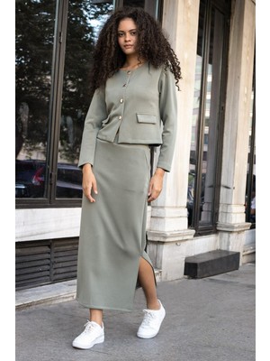 Kadın Ipeksi Esnek Modal Kumaş Yüksek Bel Cepli Beli Lastikli Yandan Yırtmaçlı Uzun Etek-Haki