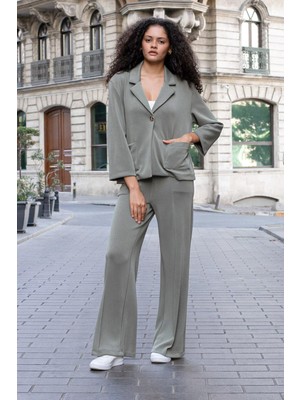 Kadın Ipeksi Esnek Kalın Modal Kumaş Yüksek Bel Önden Dikişli Cepli Bol Paça Palazzo Pantolon-Haki