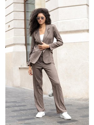 Kadın Balıksırtı Desenli Yüksek Bel Alman Cepli Boru Paça Kumaş Pantolon-Kahve Balıksırtı