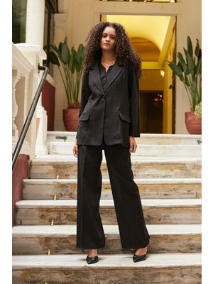 Kadın Yüksek Bel Yan Cepli Bol Paça Palazzo Hafif Esnek Kumaş Pantolon-Siyah Çizgi