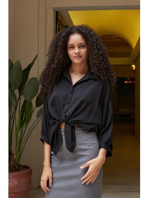 Kadın Yakalı Düşük Omuzlu Salaş Gömlek-Siyah