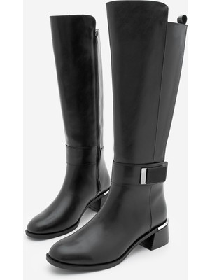 Marjin Kadın Günlük Bilekten Tokalı Metal Ökçe Fermuarlı Lastikli Topuklu Çizme Ayole Siyah