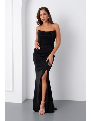 Kadın Siyah Askılı Simli Örme Abiye Elbise