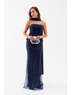 Kadın Lacivert Straplez Taşlı Uzun Balık Abiye