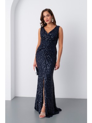 Kadın Lacivert V Yaka Pul Payet Uzun Abiye Elbise