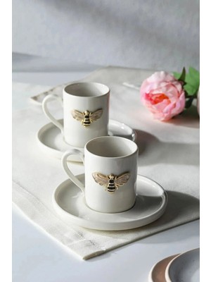 2 Kişilik Beyaz Porselen Arı Kahve Fincan Takımı Sunum Fincanı