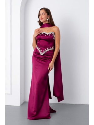 Kadın Mürdüm Straplez Taşlı Uzun Saten Abiye Elbise