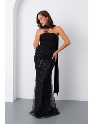 Kadın Siyah Straplez Taşlı Uzun Balık Abiye