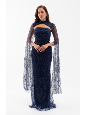 Kadın Lacivert Şallı Uzun Kol Dik Yaka Boncuklu Abiye