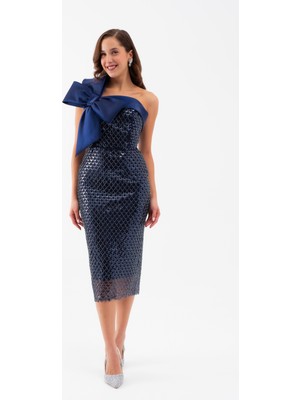 Kadın Lacivert Tek Omuz Boncuklu Midi Gece Elbisesi
