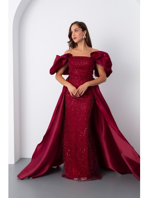 Kadın Bordo Kayık Yaka Saten Kuyruklu Uzun Boncuklu Abiye