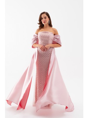 Kadın Pudra Straplez Boncuklu Saten Kuyruklu Uzun Abiye