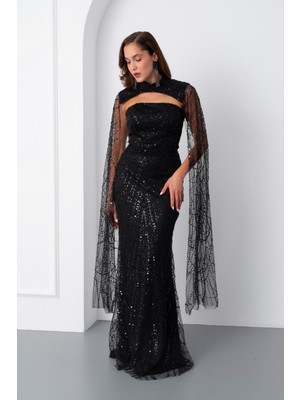 Kadın Siyah Şallı Uzun Kol Dik Yaka Boncuklu Abiye