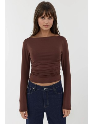 Hiccup Kadın Tekne Yaka Uzun Kollu Slim Fit Örgü Üst Mocha Kahvesi
