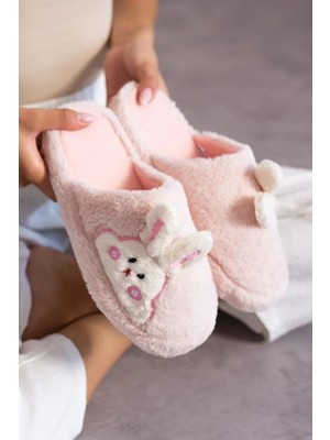 Kadın Ev Terliği Peluş Tavşan Fiğürlü Terlik Çeyiz ve Bohça Terliği Ses Yapmaz Kalın Taban
