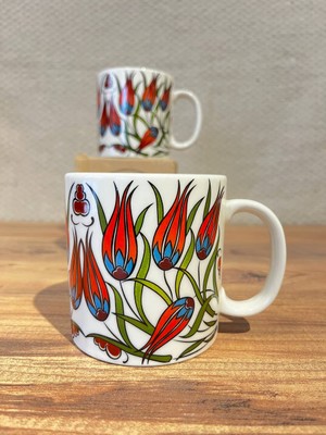 Kırmızı Lale Desenli 2’li Porselen Kupa Seti 350 ml Osmanlı Motifli