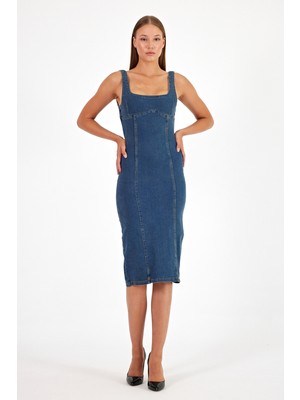 Arkadan Yırtmaçlı Fermuarlı Kalın Asklı Kot Elbise Denim Elbise