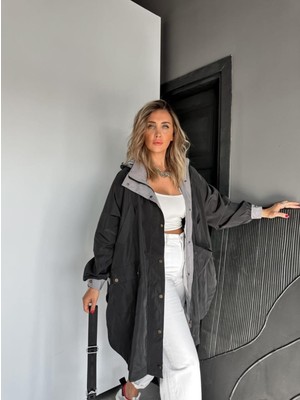 Robin Kadın Kapüşonlu Yanları Yırtmaçlı Reglan Kol Oversize Trençkot