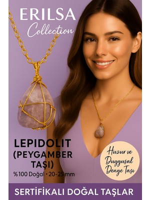 Tesbih Atölyesi Sertifikalı Gold Renkli Doğal Lepidolit (Peygamber Taşı) Kolye – Huzur ve Duygusal Denge Taşı