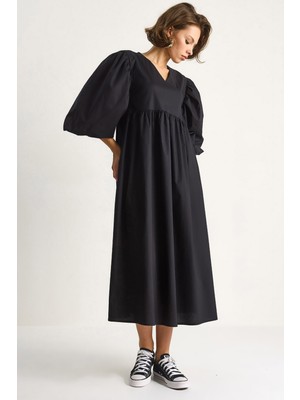 Kadın V Yaka Balon Kol Uzun Elbise