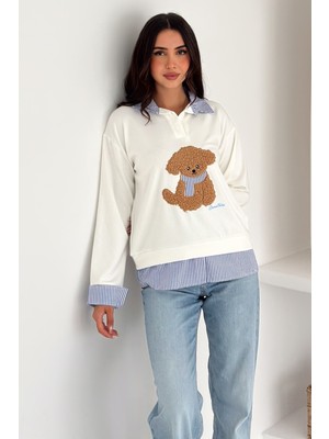 Kadın Nakış Peluş Ayıcık Figürlü Sweatshirt – Eğlenceli & Şehirli Stil
