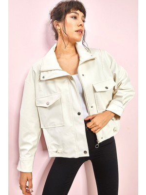 Kadın Çift Büyük Cepli Deri Ceket