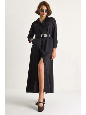 Kadın Düğme Kapamalı Cep Detaylı Kemerli Gömlek Elbise