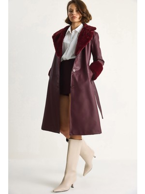 Kadın Kürklü Deri Uzun Ceket