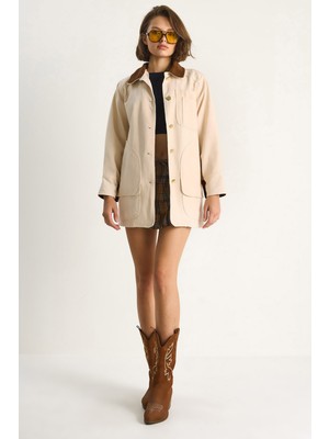 Kadın Süet Kontrast Yaka Cep Detaylı Garnili Gabardin Ceket