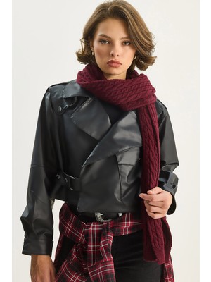 Kadın Geniş Cep Detaylı Kemerli Oversize Crop Deri Ceket