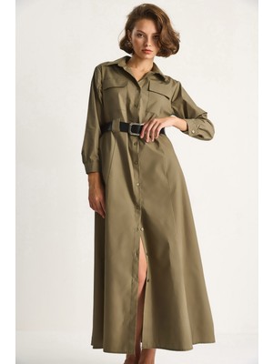 Kadın Düğme Kapamalı Cep Detaylı Kemerli Gömlek Elbise