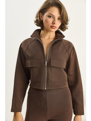 Kadın Cep Detaylı Fermuarlı Scuba Dalgıç Bomber Ceket