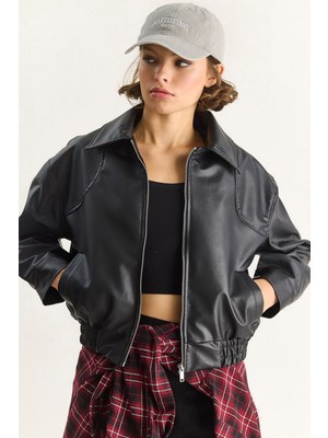 Kadın Oversize Belli Lastikli Suni Deri Bomber Ceket