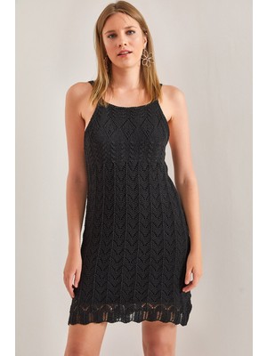 Kadın Askılı Desenli Triko Elbise