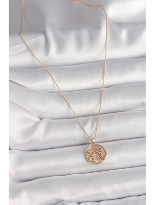 Pirinç Gold Renk Zirkon Taş Detaylı Gül Işleme Madalyon Model Kadın Kolye - TJ-BKO9816