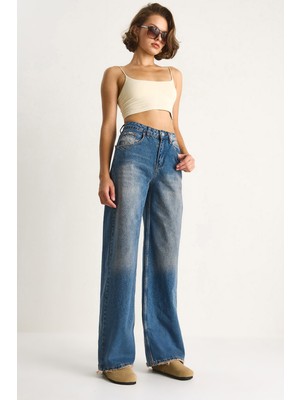 Kadın Yüksek Bel Soluk Efektli Bol Kesim Denim Pantolon