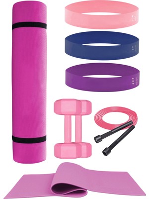 Elya Pilates Dayanıklı ve Fonksiyonel Pilates Seti: Pembe Pilates Minderi, Dambıl, Atlama İpi ve Aerobik Bant