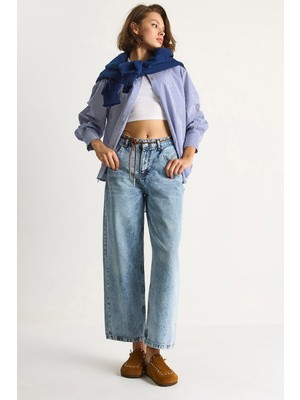 Kadın Geniş Paça Yüksek Bel Deri Ip Kemerli Denim Pantolon