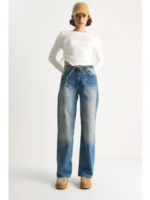 Kadın Belden Ip Bağlamalı Denim Pantolon
