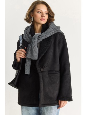 Kadın Içi Kürklü Cep Detaylı Şal Yaka Süet Kaban