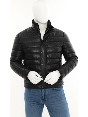 Hakiki Deri Siyah Erkek Şişme Mont – Kürk Yakalı Fermuarlı Model