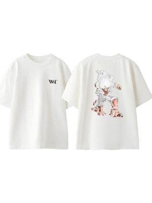 One Piece Crazy Luffy Tasarım Sırt Baskılı Pamuk Beyaz Oversize T-Shirt