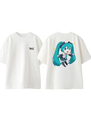Hatsune Miku 1 Tasarım Sırt Baskılı Pamuk Beyaz Oversize T-Shirt