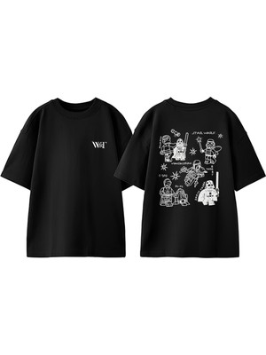 Star Wars Çizimler Tasarım Sırt Baskılı Pamuk Siyah Oversize T-Shirt