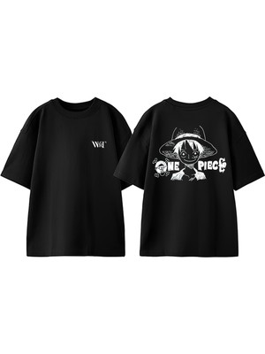 One Piece Luffy1 Tasarım Sırt Baskılı Pamuk Siyah Oversize T-Shirt